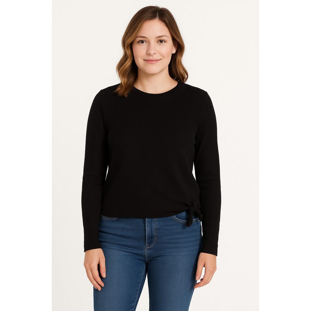 NWOT Madewell Elwood Black Ribbed Knit Knot-Front Long Sleeve Top Size Medium